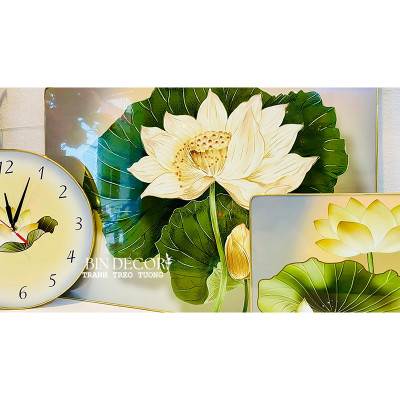 (CÓ ẢNH THẬT) Tranh đồng hồ hoa sen 4 bộ 3 tấm trang trí decor phòng bo viền kèm đinh treo