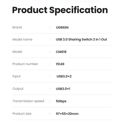 Ugreen UG15149CM618TK 2 vào 1 ra Bộ gộp USB 3.0 hỗ trợ tốc độ 5Gbps kèm 2 cáp 2 đầu USB 3.0 dài 1.5M Màu Đen - HÀNG CHÍNH HÃNG