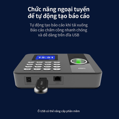 Máy Chấm Công Quét Vân Tay Deli hàng Chính Hãng Deli   - Màn Hình 2.4 Inch, Camera Kép, Kết Nối USB - Tích Hợp Nhiều Ngôn Ngữ E3747