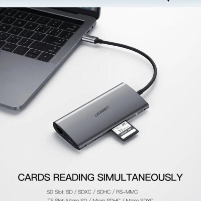 Ugreen UG40873CM179TK Bộ chuyển đổi TYPE C sang 3 USB 3.0 + HDMI + VGA + LAN + SD TF + hỗ trợ nguồn TYPE C - HÀNG CHÍNH HÃNG