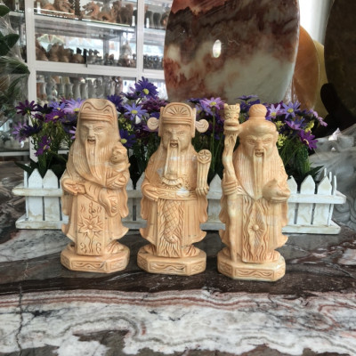 Bộ tượng Tam Đa Phúc Lộc Thọ phong thủy đá cẩm thạch vàng cà rốt - Cao 20 cm