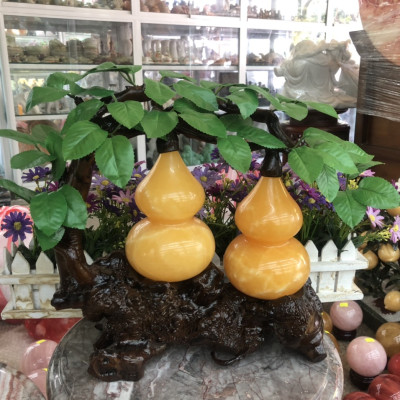 Cây tài lộc bầu Hồ Lô đôi phong thủy đá ngọc hoàng long - Cao 32 cm