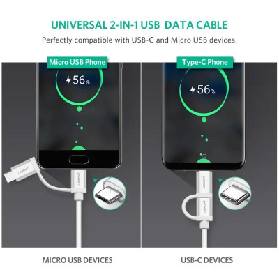 Ugreen UG20873US177TK 1.5M màu Bạc Cáp USB-A sang Micro USB + USB-C cao cấp - HÀNG CHÍNH HÃNG