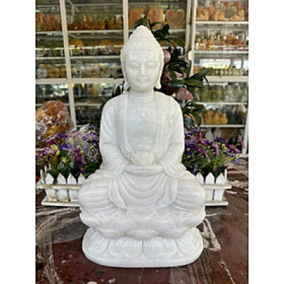 Tượng Phật Adida, phật tổ như lai ngồi đài sen đá cẩm thạch trắng - Cao 40cm