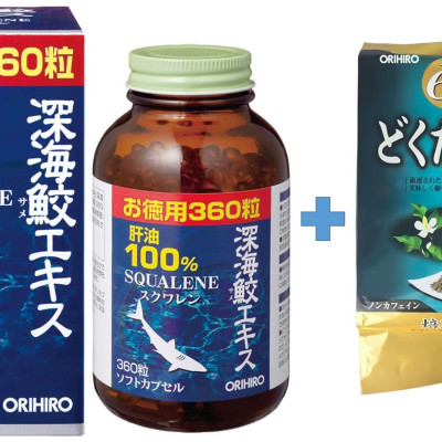 Combo Dầu gan cá mập sụn vi cá mập Orihiro Squalene và Trà diếp cá thải độc Dokudami Orihiro Nhật Bản