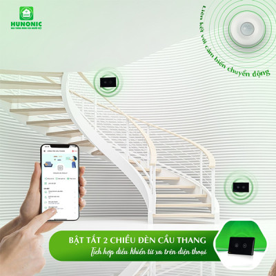 Công Tắc Cầu Thang Wifi Datic Hunocnic màu trắng cảm ứng điều khiển từ xa, giong nói qua điện thoại