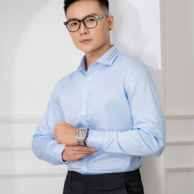 Áo sơ mi nam dài tay ALIGRO chất liệu 100% cotton , cổ bẻ dáng ôm chống nhăn Blue ALGS212