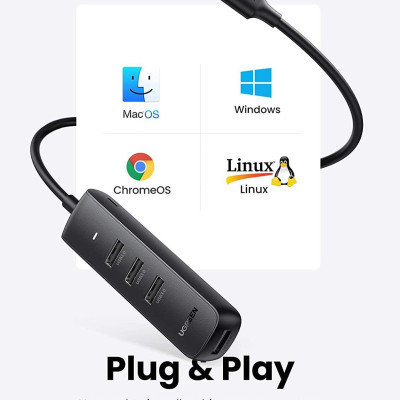 Ugreen UG10915CM416TK 0.25M Black Usb 3.0 4 Ports Hub with type c power port - HÀNG CHÍNH HÃNG