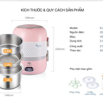 Hộp cơm điện văn phòng 2 tầng Life360 - 3 khay đựng thức ăn, inox304, hấp/ đun sôi/ hâm nóng - Hàng Chính Hãng