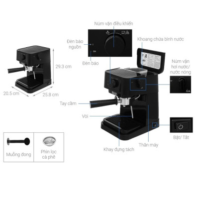 Máy pha cà phê Delonghi EC235.BK công suất 1100W, pha Espresso đánh bọt sữa capuchino, latte - Hàng nhập khẩu