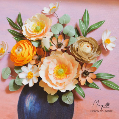 Tranh hoa giấy handmade trang trí cao cấp SPRING VASE 40x40cm - Maypaperflower Hoa giấy nghệ thuật
