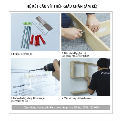 Kệ Sách Gỗ Trang Trí Treo Tường 3 Tầng Dài 60cm, Không Cần Khoan, Tặng Kèm Phụ Kiện KEGODA KT60