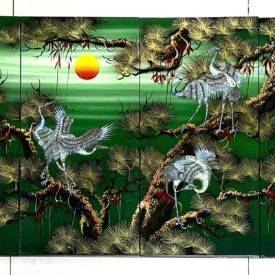 Bộ Tranh sơn mài 4 tấm- TÙNG HẠC DIÊN NIÊN - Khảm cừ size 60x120 cm / hàng cao cấp , xuất khẩu