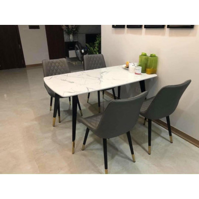 Bộ bàn ăn chân trụ 1m4 + 4 ghế Loft trám mặt bàn đá ceramic  Thương hiệu Nội Thất Bình Long 