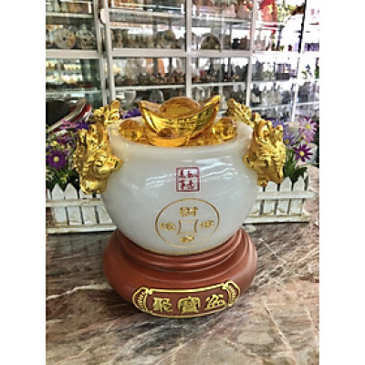 Bát vàng, Bát Tụ Tài, Bát Tụ Bảo đá bạch ngọc Hút Tài, Hút Lộc, Chiêu tài nạp lộc trang trí bàn thờ ông thần tài thổ địa - Cao 24cm