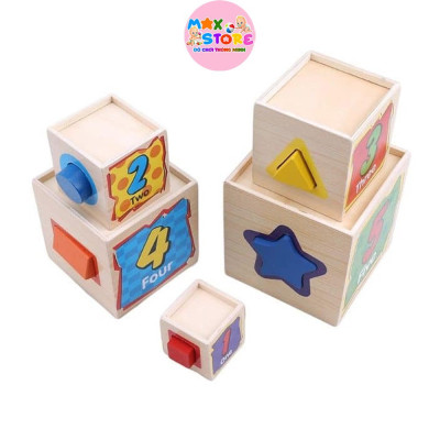 Đồ chơi lồng hộp vuông thả khối, đồ chơi tháp xếp chồng thả hình khối tập đếm gỗ đa chức năng thông minh cho bé
