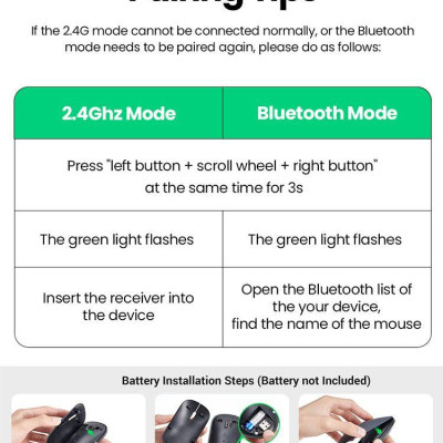 Ugreen UG25163MU001TK màu đen 2.4G và Bluetooth Chuột không dây dùng cho máy tính laptop chất liệu nhựa ABS có kèm pin AA - HÀNG CHÍNH HÃNG