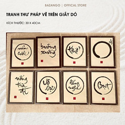 Tranh thư pháp vẽ trên giấy dó - khung gỗ tự nhiên - Bazango - Treo Tường