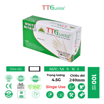 Găng Tay Y Tế Size M Không Bột Nitrile TTGLOVES Màu Trắng ( 100 Chiếc/hộp)