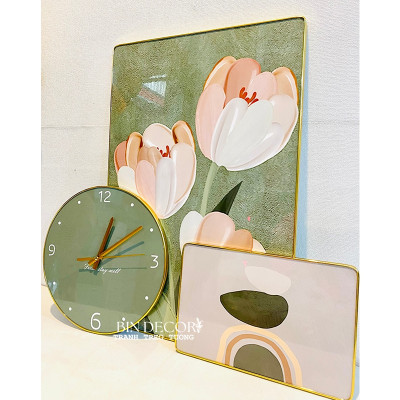 Tranh treo tường tráng gương hoa tulip hồng trang trí phòng khách- phòng ngủ - nhà hàng - khách  sạn (kèm đinh 3 chân)
