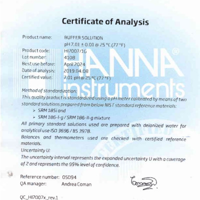 Dung Dịch pH7.01 Để Kiểm Tra Hoặc Hiệu Chuẩn Tất Cả Các Loại Máy Đo pH Tại Điểm 7.01, 3.75Lít