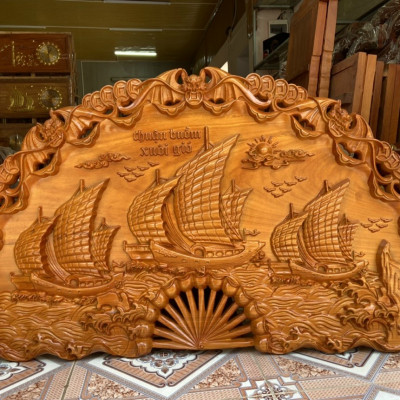 Tranh treo tường cánh quạt trạm khắc thuận buồm xuôi gió bằng gỗ gõ đỏ kt 67×120×4cm