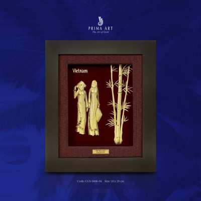 Tranh Vàng 24K PRIMA ART - CÔ GÁI BÊN KHÓM TRE - Kích thước 18 x 20 cm - CGS-0406-04