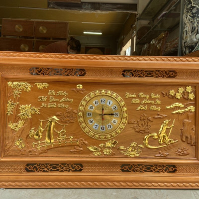 Tranh đồng hồ treo tường trạm khắc chữ cha mẹ bằng gỗ gõ kt 67×127×4cm 
