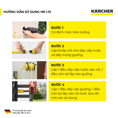 (Mới 2025) Bộ rulo guồng dây tích hợp vòi tưới cây Karcher 15m HR 1.15 - Ống dây 3 lớp cao cấp - Đi kèm dây cấp nước 2m - Hàng Chính hãng