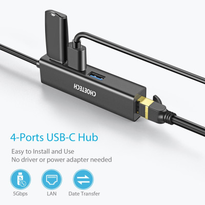 Hub Adapter chuyển đổi 4 in 1 Type-C ra 3 cổng USB 3.0 & cổng LAN RJ45 hiệu CHOETECH U02BK dùng cho Macbook / Laptop (tốc độ cao, kết nối nhiều thiết bị, kết nối internet có dây) - Hàng chính hãng
