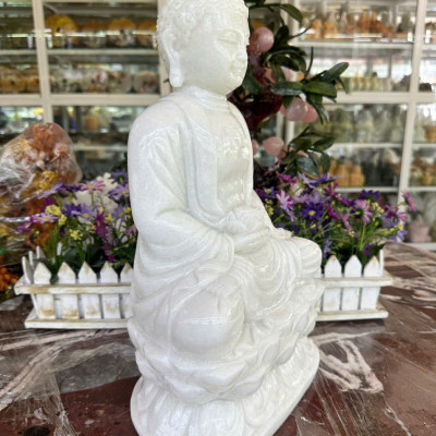 Tượng Phật Adida, phật tổ như lai ngồi đài sen đá cẩm thạch trắng - Cao 40cm