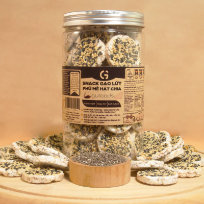Snack gạo lứt phủ mè hạt chia GUfoods - Topping béo bùi giòn rụm, Tiện lợi, Giàu chất xơ, Eat clean, Thuần chay