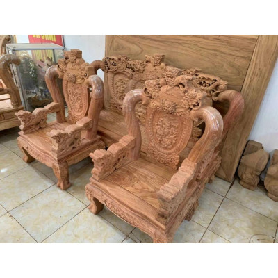 Bộ bàn ghế phòng khách nghê phượng gỗ hương đá tay 12 tựa liền