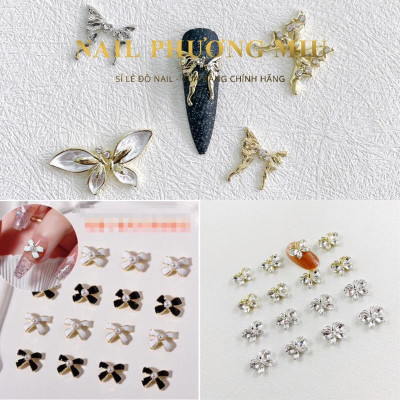 Set Charm Nơ Đen Trắng, Bướm Kim Loại Chống Han Gỉ, Trang Trí Móng Đẹp, Làm Nail Sang Trọng Nail Phương Miu Nữ Women
