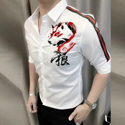 Áo sơ mi nam viền vai xanh đỏ họa tiết sói