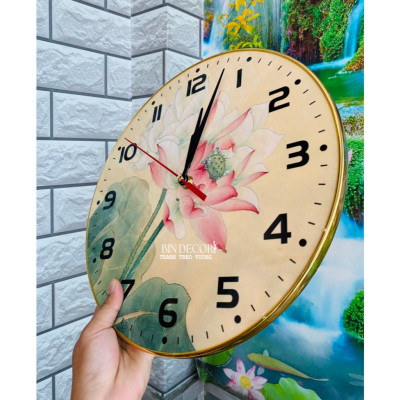 (ẢNH THẬT) Tranh đồng hồ tròn tráng gương hoa sen hồng tặng kèm pin và đinh 3 chân