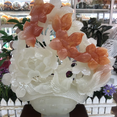 Phù điêu tượng hoa mẫu đơn phong thủy và chim đá ngọc vân đỏ trang trí phòng khách và bàn làm việc