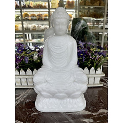Tượng Phật Thích Ca ngồi đài sen đá cẩm thạch trắng - Cao 30 cm