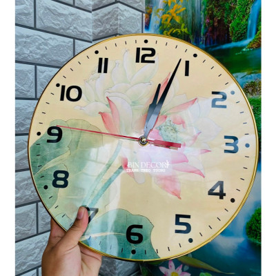 (ẢNH THẬT) Tranh đồng hồ tròn tráng gương hoa sen hồng tặng kèm pin và đinh 3 chân