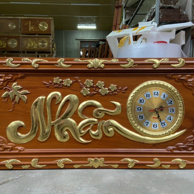 Tranh đồng hồ treo tường trạm khắc chữ nhẫn bằng gỗ hương đỏ  kt 41×108×4.5cm