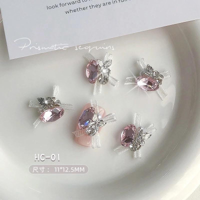 Set 6 Viên Charm Đá Khối Siêu Sáng Mix Nơ Voan Làm Nail Sang Chảnh Sheng Jia Yu, Charm Đá Viên Hình Trứng Có Nơ Đính Móng Màu Hồng Trắng Xanh Women Nữ