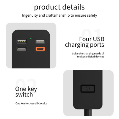 Ổ Điện Wiwu Power Strip USB-C*1+ USB-A*3 U02 Dành Cho Điện Thoại, Laptop, Có Đầu USB Sạc Tất Cả Các Thiết Bị - Hàng Chính Hãng 