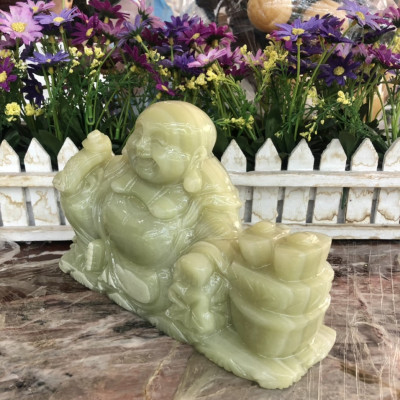 Tượng Phật Di Lặc ngồi cầm gậy như ý phong thủy đá ngọc Onyx - Dài 20 cm