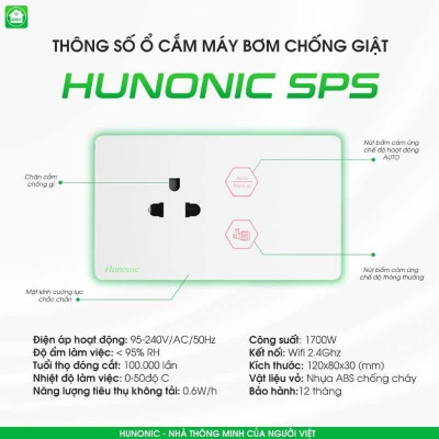 Ổ Cắm Chống Giật Hunonic SPS Bật tắt Máy Bơm, quản lý, mô phỏng lượng nước trên điện thoại, điều khiển bằng giọng nói