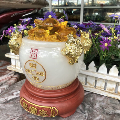 Hủ vàng, Bát Tụ Bảo, Bát tụ tài phong thủy đá bạch ngọc được chạm khắc thêm 4 con thiềm thừ chiêu nạp tài lộc - Cao 18cm
