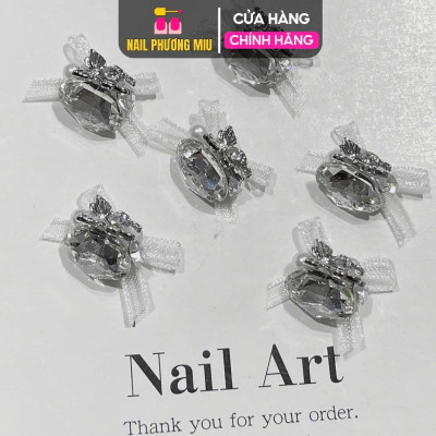 Set 6 Viên Charm Đá Khối Siêu Sáng Mix Nơ Voan Làm Nail Sang Chảnh Sheng Jia Yu, Charm Đá Viên Hình Trứng Có Nơ Đính Móng Màu Hồng Trắng Xanh Women Nữ