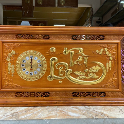Tranh đồng hồ treo tường khắc chữ tài lộc bằng gỗ gõ đỏ kt 67×127×4cm