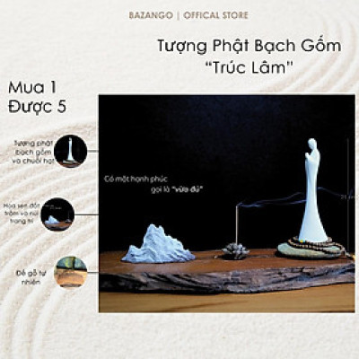 Tượng Phật bạch gốm - Khay gỗ và núi trang trí - hoa sen đốt trầm tặng kèm chuỗi hạt - Bazango - Trang Trí Nhà Decor Decor Phòng