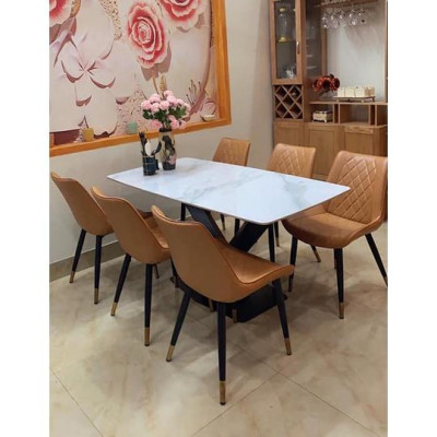 Bộ bàn ăn chân X 1m6 + 6 ghế Loft Trám mặt đá ceramic  Thương hiệu Nội Thất Bình Long 