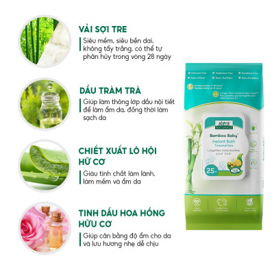 Khăn tắm dùng 1 lần hương hoa hồng dành cho bé Aleva Naturals (25 cái/gói)